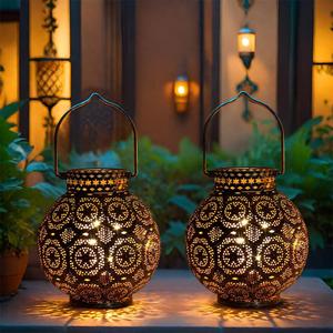 TRIROCKS Set of 2 Moroccan Style Metal Table Lamp 18 cm H Battery Powered Cordless Lamp with LED Fairy Lights Bulb Perfect for Home Living Room Parties Tabletop Indoors (Brown)