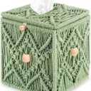 Handmade Tissue Box Cover Decorative Macrame Boho Square Tissue Holder Cotton Rope Woven Napkin Facial Paper Organizer Bohemian Desk Storage Container with Buckle Wood Beads (Light Green)