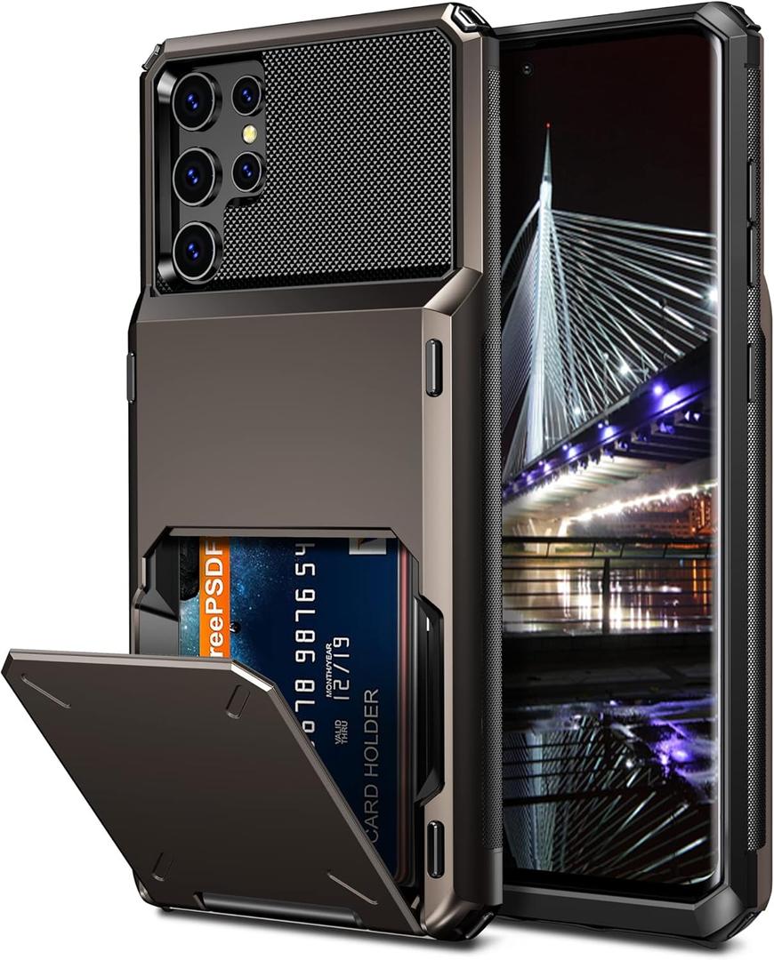 Vofolen for Galaxy S22 Ultra Case Wallet Credit Card Holder 4-Card Slot Hidden Back Pocket Dual Layer Hybrid Rugged Rubber Bumper Protective Hard Shell Cover for Samsung Galaxy S22 Ultra Gun