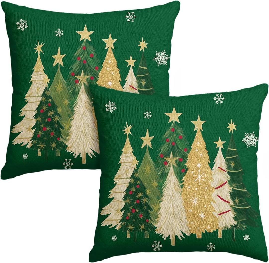 AVOIN colorlife Christmas Trees Star Green Throw Pillow Covers Set of 2, 18 x 18 Inch Snowflake Seasonal Winter Holiday Cushion Case Decoration for Sofa Couch
