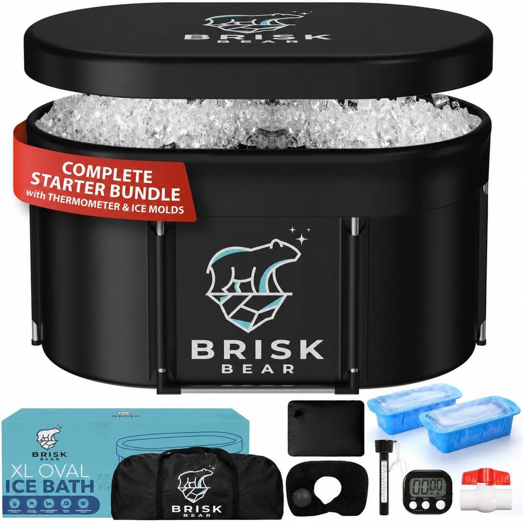 XL Oval Ice Bath Tub for Athletes with Cover by Brisk Bear - Extra Large Cold Plunge Tub for Recovery - Ice Bath Plunge Pool with Digital Timer - Cold Plunge to Soothe Muscles - Black Ice Tub