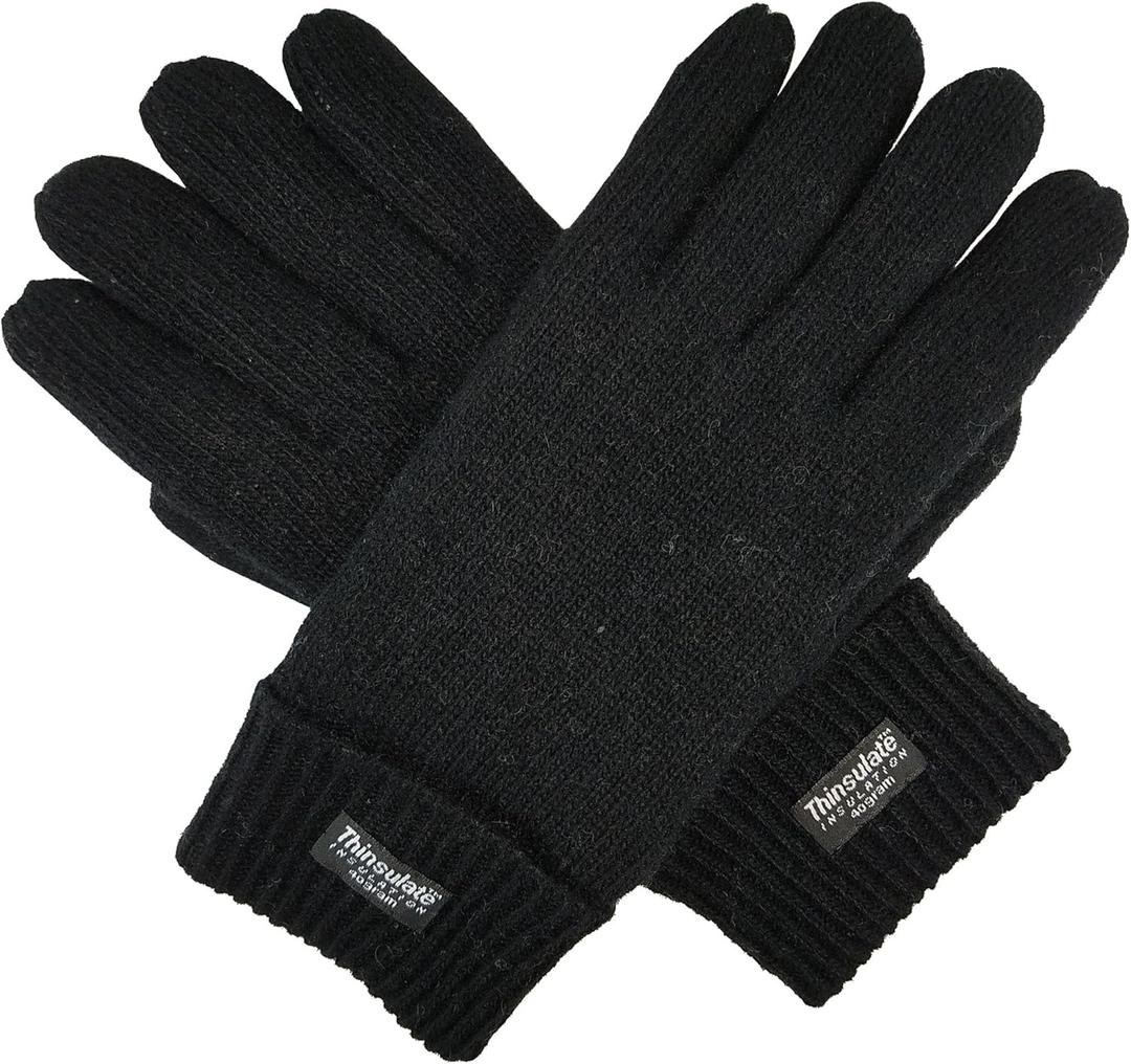 BRUCERIVER Men's Pure Wool Knitted Gloves with Warm Fleece Lining (Large-X-Large, Black)