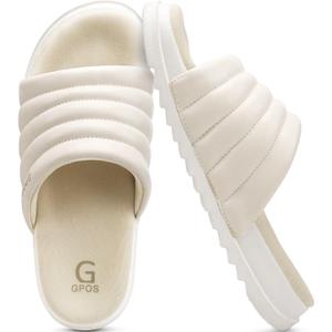 GPOS Womens Slides with Memory Foam Soft Cushioned Cozy House Slippers for Woman Comfy Open Toe Ladies Sandals Leather Slip on Bedroom Shoes Plantar Fasciitis Indoor Outdoor (9, Beige White)