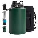 Insulated Gallon Jug with Handle, One Gallon, 128oz Stainless Steel, Large Double Vacuum Water Bottle for Cold Drinks, Wide Mouth, Sweat Proof, Carrier bag, Great for Travel, Camping, Green