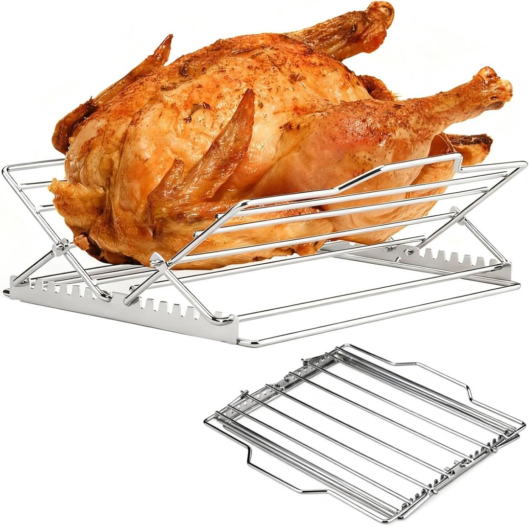 ZyNolimt Adjustable Foldable V-Shaped Roasting Rack for Large Turkey & Chicken, Stainless Steel Cooking Rack for Oven, Grill, Smoker, Turkey Roasting Stand Accessories