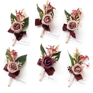 Ling's moment Boutonniere for Men, 6pcs Groom Groomsmen Boutonniere, Artificial Flowers for Wedding Decor/Prom/Homecoming, etc.Marsala Dusty Rose