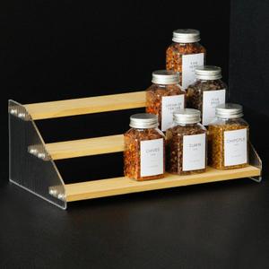 Nianfeng Tiered Spice Rack, 3-Tier Spice Pantry Kitchen Cabinet Organizer, 12-Inch, Natural Wood Acrylic Stair Riser Stand, Countertop Seasoning Shelf