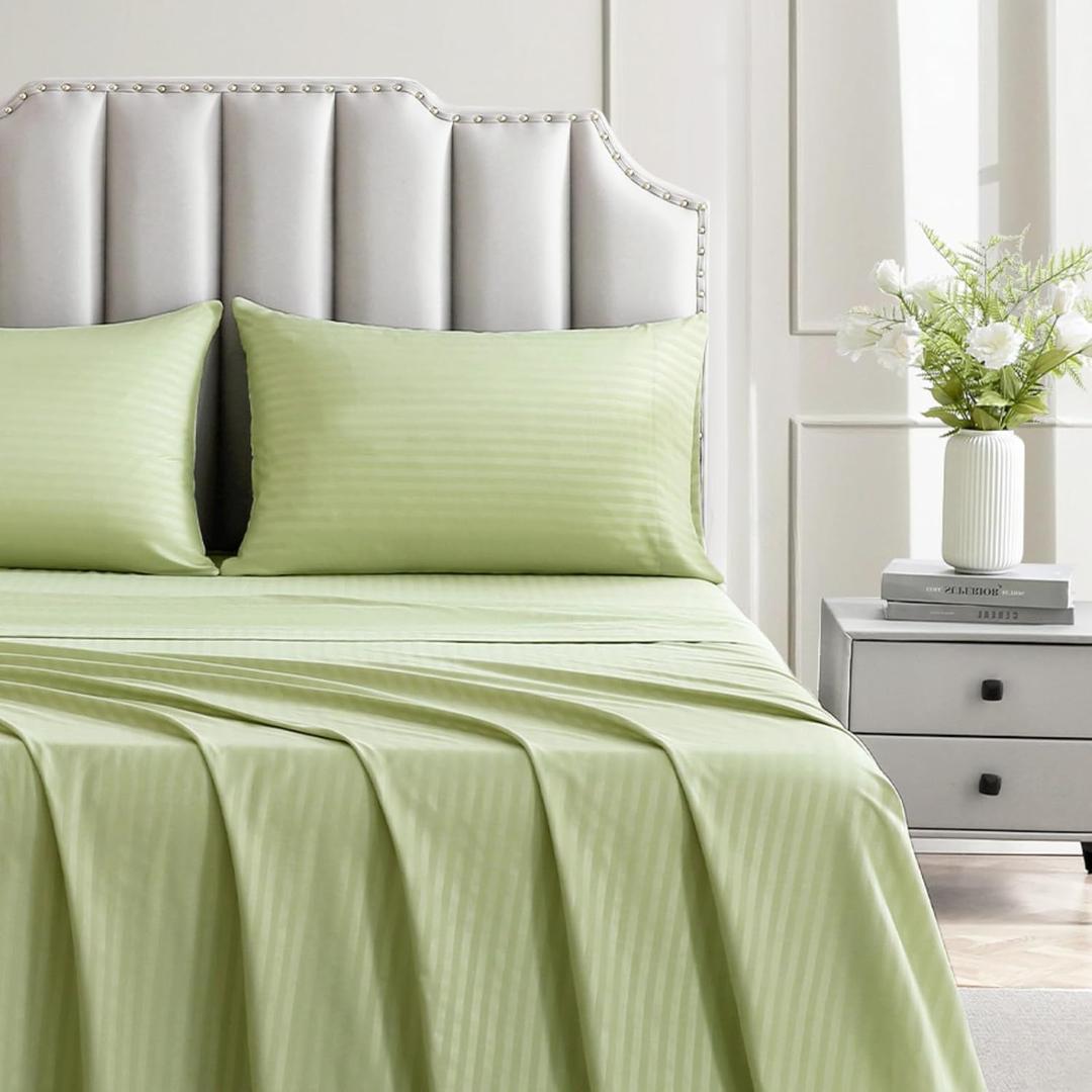 King Sheet Set 4 Piece - Ultra Soft Brushed Microfiber Damask Stripe Sheet Set - 17" Deep Pocket, Wrinkle-Free & Fade Resistant - Hotel Luxury Bedding (Stripe Sage Green Sheets)