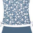 Qaoerde Girls Swimsuit Two Piece Girls Tankini Swimsuit Drawstring Printed Bathing Suit Ruched Swimwear Set (13-14 Years, Dark Blue Floral)