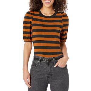 Amazon Essentials Women's Regular-Fit Puff Short-Sleeve Crewneck T-Shirt (XX-Large, Black Brown Placed Stripe)