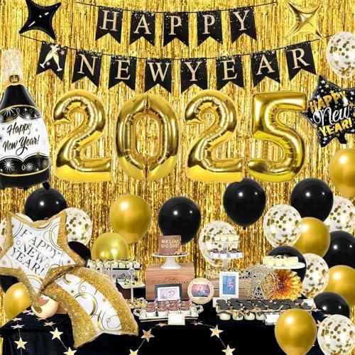 Labeol New Years Decorations 2025, 39 PCS Happy New Year Set with Large Foil Balloons, Banner, Gold Foil Curtains Black, Gold, Confetti Balloons for Party
, Set of 2