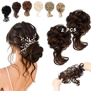 FeidyLong 2PCS Messy Bun Hair Piece Tousled Updo with Tendrils Wavy Curly Hair Bun Scrunchies Ponytail Extension Elastic Band Hairpieces For Women (Dark Brown Mix Light Auburn)