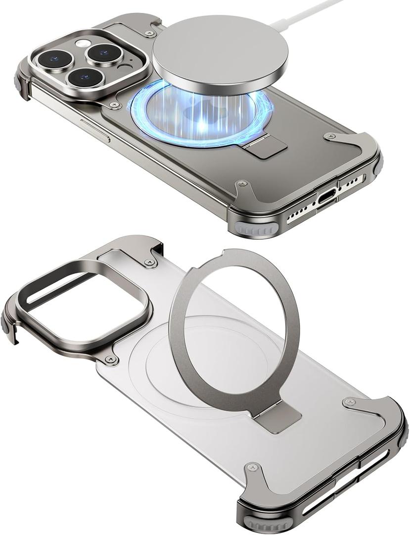 Natural Titanium Frameless for iPhone 15 Pro Case with Magsafe Kickstand, Bezel Less Metal Slim Hard Shockproof Ultra Thin for iPhone 15pro Case with Ring Stand Holder Magnetic Cover for Men