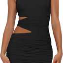 Women's Sexy Bodycon Ruched Sleeveless Cut Out Club Party Short Mini Dresses, Medium, Black