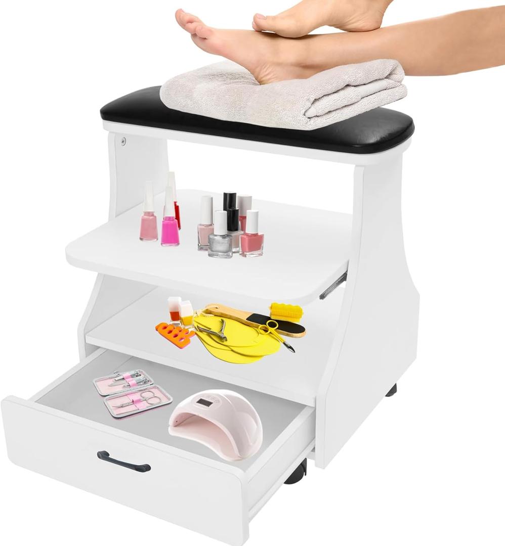 Portable Pedicure Foot Rest with Wheels, Pedicure Stool, Trolley for Foot Bath, Spa Cart, Nail Stand, Manicure Furniture for Beauty Salon or Nail Tech Spa, Massage Station (Black)