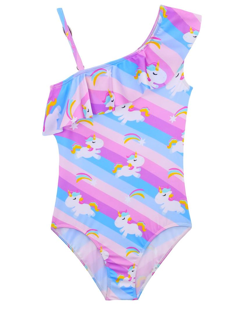 Girls Swimsuit Size 8-9 Years Old Pink Purple Unicorn Sleeveless One Shoulder Ruffle Bathing Suit Swimming Swimwear