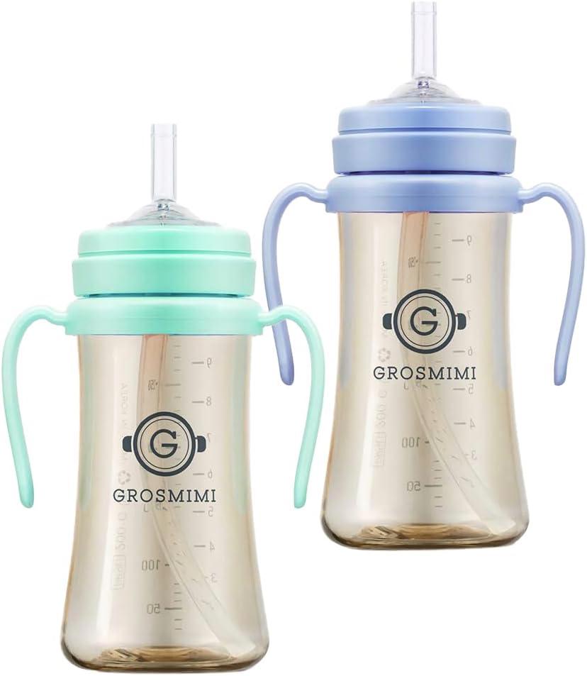 GROSMIMI Spill Proof Magic Sippy Cup with Straw with Handle for Baby and Toddlers, PPSU, BPA Free 10 oz. 2-pack (Aqua Green & Sky Blue)