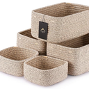 5-Pack Small Woven Rope Storage Baskets – 2 Sizes Organizer Bins for Closet, Shelf, Bookshelf, Nursery, Changing Table, Fabric Cube Boxes, Rectangular Shallow Bins for Bathroom, Toy & Home