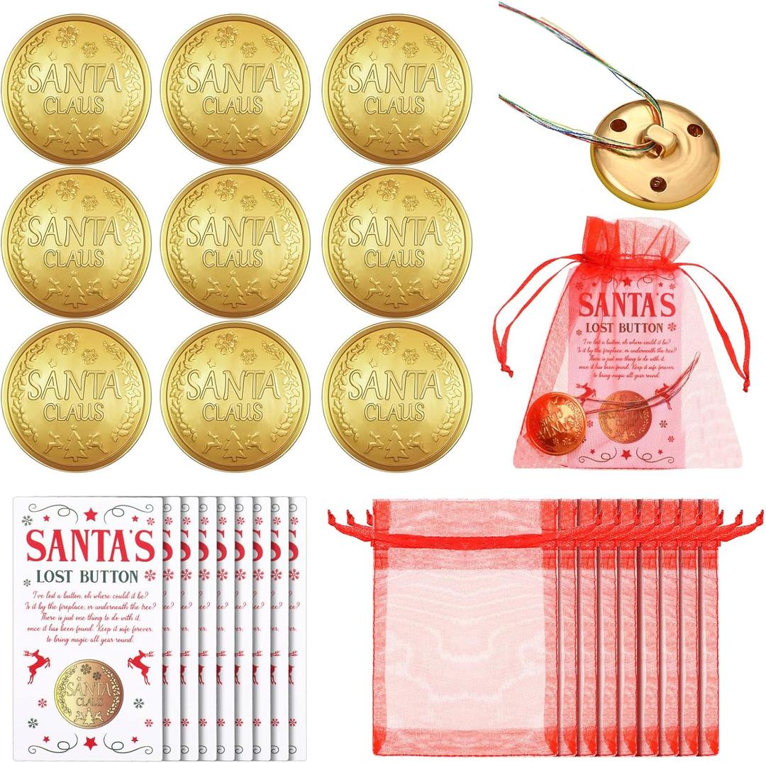 9 Sets Santa Lost Button Christmas Lost Button with Letter from Santa and Gift Bag Metal Santa Claus Button Reindeer Snowflake Buttons for Christmas Holiday Stocking Filler