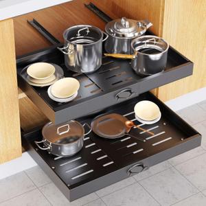 Pull out Cabinet Organizer, Slide Out Drawers for Kitchen Cabinets, Size (12.2" to 20.4"), Adhesive Pull OutDrawers for Cabinets, Adjustable Cabinet Pull Out Shelves for Kitchen,Pantry, (Black)
