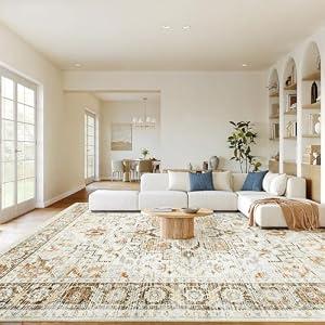 AMADA HOMEFURNISHING 8x10 Washable Area Rug, Low-Profile Large Area Rug with Non-Slip Backing & Durable Edge Binding, Vintage Large Rugs for Living Room, Bedroom, Dinning Room