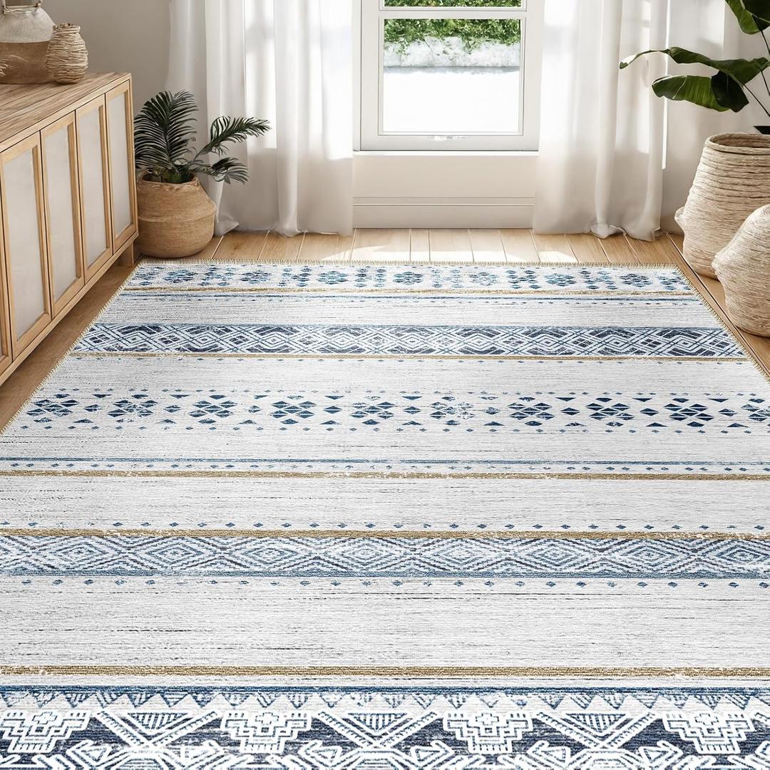 BESTSWEETIE 5x7 Area Rugs for Living Room Washable Moroccan Farmhouse Neutral Geometric Low Pile Non-Slip Soft Print Pattern Rug for Bedroom Kitchen Dining Room Entryway Blue/Brown
