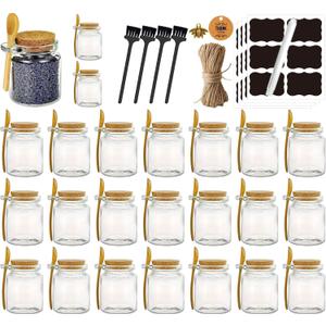 Ahhute Glass Sugar Scrubs Jars, Bath Salt Container, Snacks Spice Jars w/Bamboo Spoons, Honey Scrubs Body Butter Jar w/Corks, Labels and Cleaning Brush, Wedding Party Favors Gifts, 8oz 24 Pack