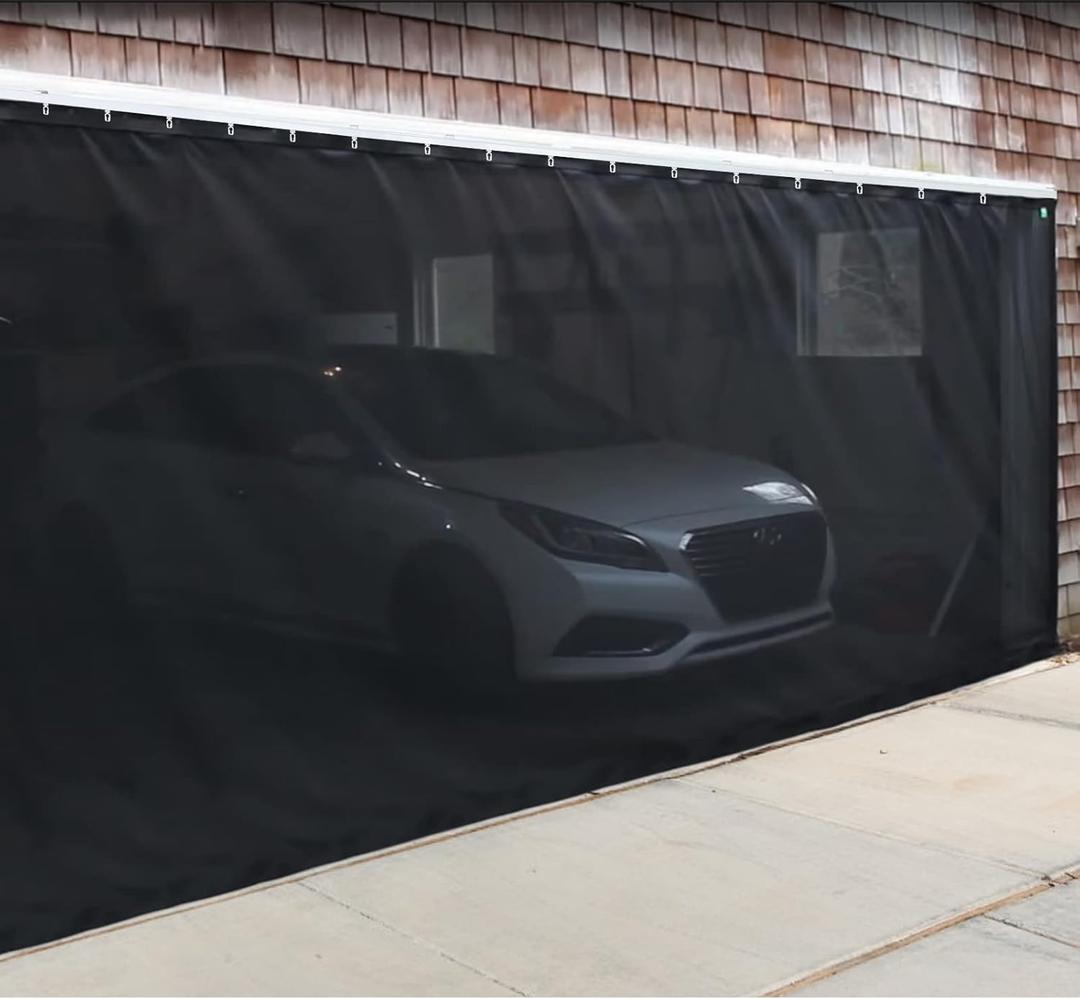 Sliding Garage Door Screen with Track Closure - Retractable Privacy Curtain Keep Annoying Animals Out Easy Install Heavy Duty Fiberglass Mesh Net for Opening Garage Patio (Black, 16 ft x 7 ft)