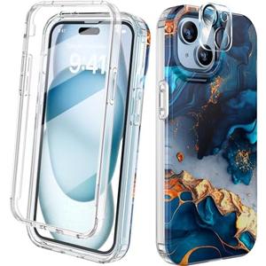 Diaclara Designed for iPhone 15 Plus Case 6.7 Inch, Full Body Rugged Case with Built-in Touch Sensitive Anti-Scratch Screen Protector + Glass Camera Lens Protector for iPhone 15 Plus, Water Blue