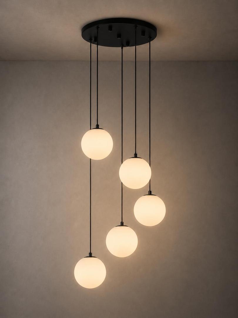 Black Globe High Ceiling Chandelier - 5-Light 360° Statement Focal Point
Modern Milk Glass Pendant Light G9 Base (Bulbs Not Included) for Dining Living Room Foyer Entryway Staircase