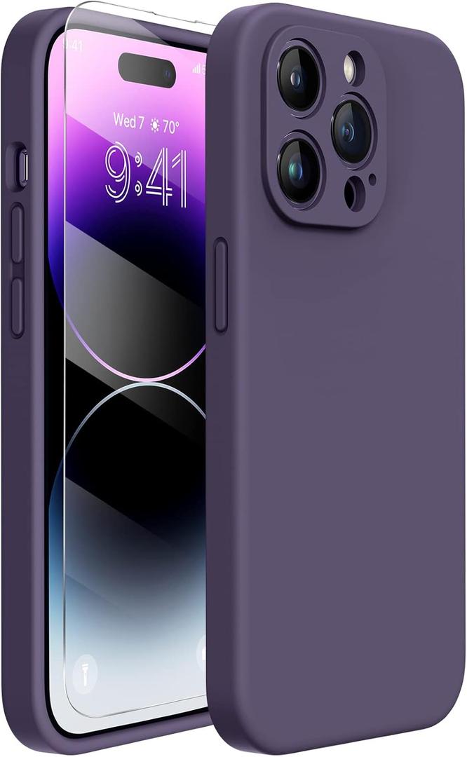 Miracase Designed for iPhone 14 Pro Max Phone Case with Screen Protector,[Upgraded Enhanced Camera Protection],Shockproof Liquid Silicone Case with Microfiber Lining,6.7 inch, Dark Purple