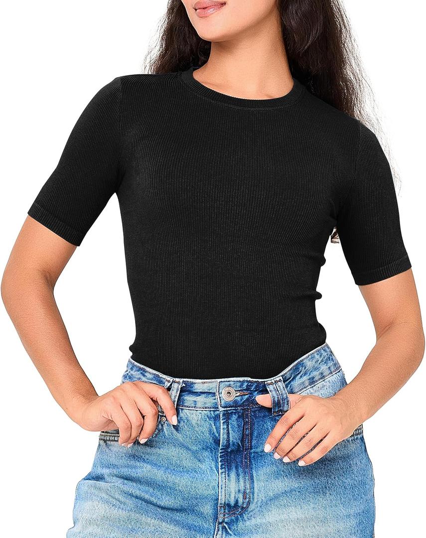 BAMBOO COOL Women's Seamless Tight T-Shirts Slim Fit Basic Ribbed Tees Short Sleeve Crew Neck Top (Black, M)