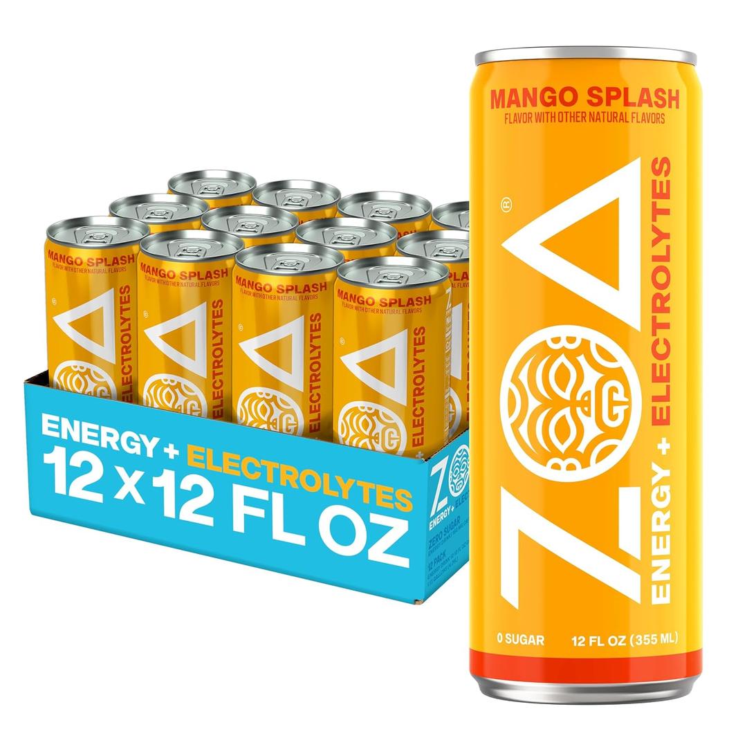 ZOA Zero Sugar Energy Drink, Mango Splash, 12 Pack, 12 Fl Oz Cans | With Electrolytes, Vitamins B and C, supporting hydration with 160 mg plant based caffeine from green tea and green coffee
, Best By 09/07/2026