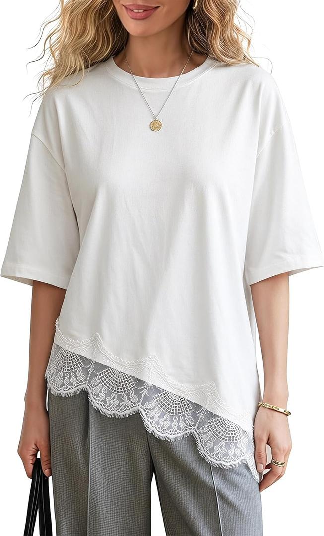 EXLURA Womens Summer Oversized Lace Trim T Shirts 2026 Casual Half Sleeve Asymmetrical Hem Tops Loose Crewneck Tunic Blouse (White, M)