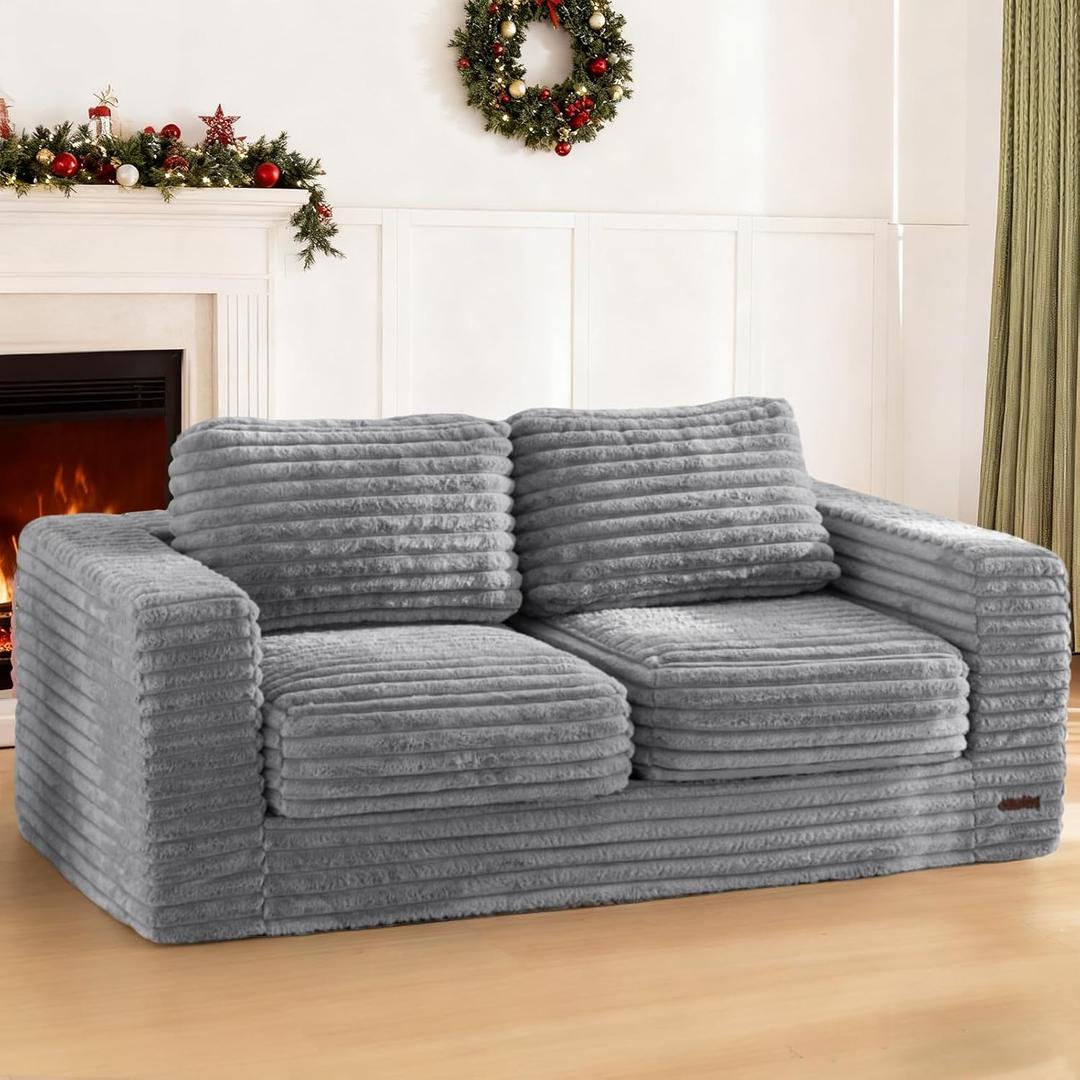 MAXYOYO Giant Bean Bag Chair for Adults, Upholstered Loveseat Floor Sofa with Pillows and Armrests, Large Bean Bag Sofa Plush Chair Bean Bag Couch for Bedroom Living Room, Grey