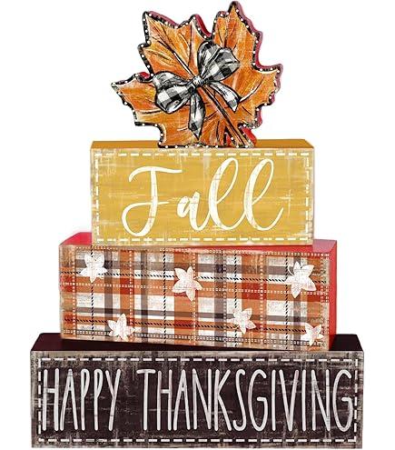 DIYDEC 4Pcs Fall Table Decor Fall Wood Block Signs Maple Leaves Sign Autumn Tiered Tray Decor Thanksgiving Centerpieces Signs for Holiday Tabletop Coffee Fireplace Shelf Desk Party Decoration