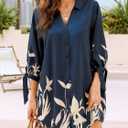 CUPSHE Women Mini Summer Dress Cover Up Oversize Floral Shirt 3/4 Sleeve Cuff Tie Button Down Beach Dresses Cover Up Top (Blue, XXL)