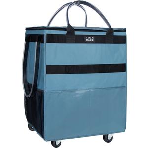 Reusable Grocery Bag On Wheels (Large, Blue) Shopping Trolley with 8 Pockets and Zipper Cover Foldable Rolling Tote, Heavy Duty Handles, Carries Up to 66 LBS