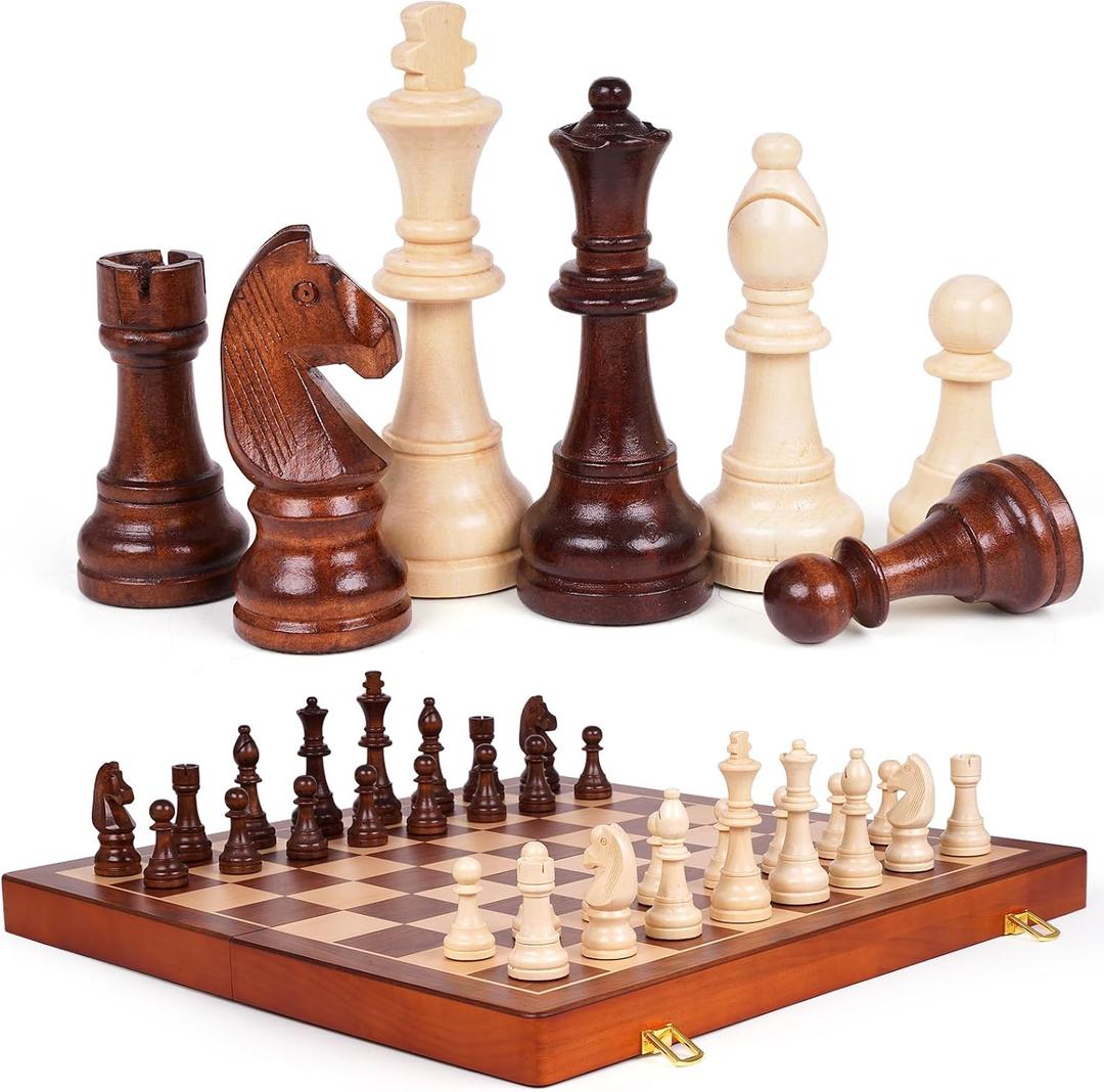 20 Inch Super Large Wooden Chess Set, Hand-Carved Wooden Chess Pieces with 4.5 King, Built-in Storage & 2 Extra Queens, Luxury Folding Tournament Chess Board Game for Adults and Kids