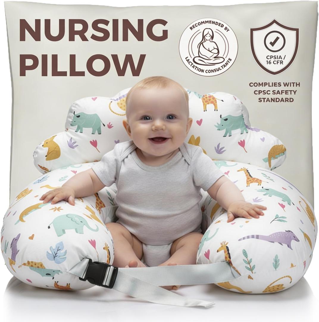 PILLANI Nursing Pillow for Breastfeeding, Breast Feeding Pillow with Security Fence for Enhanced Comfort, Baby Registry Search, Removable Cotton Cover, Adjustable Waist Strap, Newborn Pillow Supplies