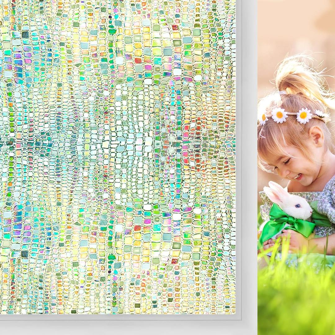 Windimiley Window Privacy Film 3D Rainbow Stained Glass Static Clings Bathroom Decorative Sticker Prism Holographic Window Decals Sun Blocking Non-Adhesive Door Covering, 23.6x78.7In, Pure