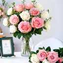 Pyopbow 20PCS Artificial Roses with Long Stems - Realistic Silk Flowers, Fake Roses Bouquet of Roses for Valentine's Day, Home Decor, Bridal Wedding Party, Bulk Faux Rose Flowers (White Pink)