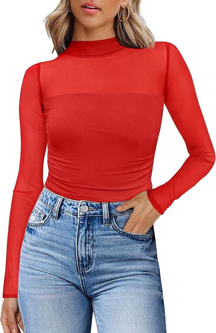 Womens Sexy Mesh Long Sleeve Shirts Fashion Clothing Turtle Necks Sheer Ruched Going Out Tops Fall Outfits Slim Fit Blouses (Red, M)