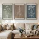 Framed Boho Botanical Wall Art for Living Room, 3 Piece Modern Farmhouse Neutral Floral Canvas Painting Prints, Minimalist Vintage Flower Plants Line Artwork for Bedroom Hallway Wall Decor, 24x36, 24" W x 36" H x 3Pcs