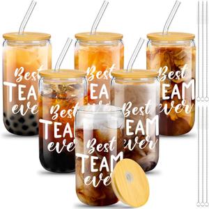 6 Set Employee Appreciation Gifts Glass Cups Bulk Thank You Gifts for Team Coworkers Staff Teachers and Nurses 16 oz Can Shaped Glass Cups with Bamboo Lids and Straws(Novelty Style)
