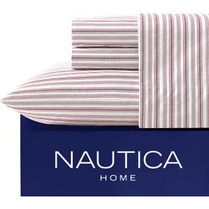 Nautica - Twin XL Size Sheet Set, Crisp & Tailored Cooling Sheets with a Smooth Cotton Percale Lightweight Feel - Bed Sheets with Matching Pillowcase & Fitted Sheet (Coleridge Stripe Red)