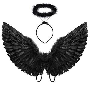 BohoSM Black Angel Costume Wings and Halo Angel Costume for Girls Kids Adult Halloween Christmas (Black)