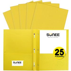 SUNEE 2 Pocket Folders with Prongs (25 Pack, Yellow), Paper Folders with 2 Pockets and 3 Prongs Fit Letter Size Paper, Folders with Prongs for School Office Home Business
