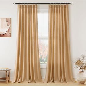Aersas Camel Linen Pinch Pleated Curtains 120 Inches for Living Room 2 Panels Set Back Tab Extra Long Flax Curtain Farmhouse Light Filtering Semi Sheer for Large Window Treatments， 40x120 Inch