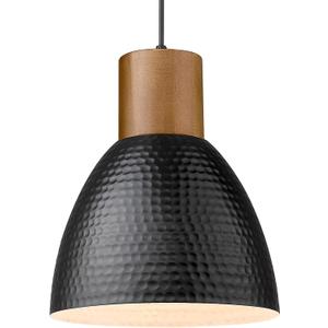 ELYONA Hammered Pendant Light, 10.2 Industrial Hanging Lamp with Solid Wood & Metal Shade, Modern Pendant Light Fixtures for Kitchen Island, Bar, Farmhouse Dining Room, Bedroom, Living Room, Black (Medium)